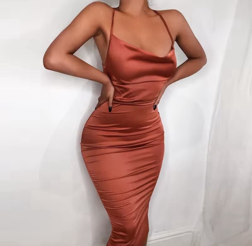 Women’s Pink Satin Cowl Neck Spaghetti Strap Bodycon Midi Dress Stretch S