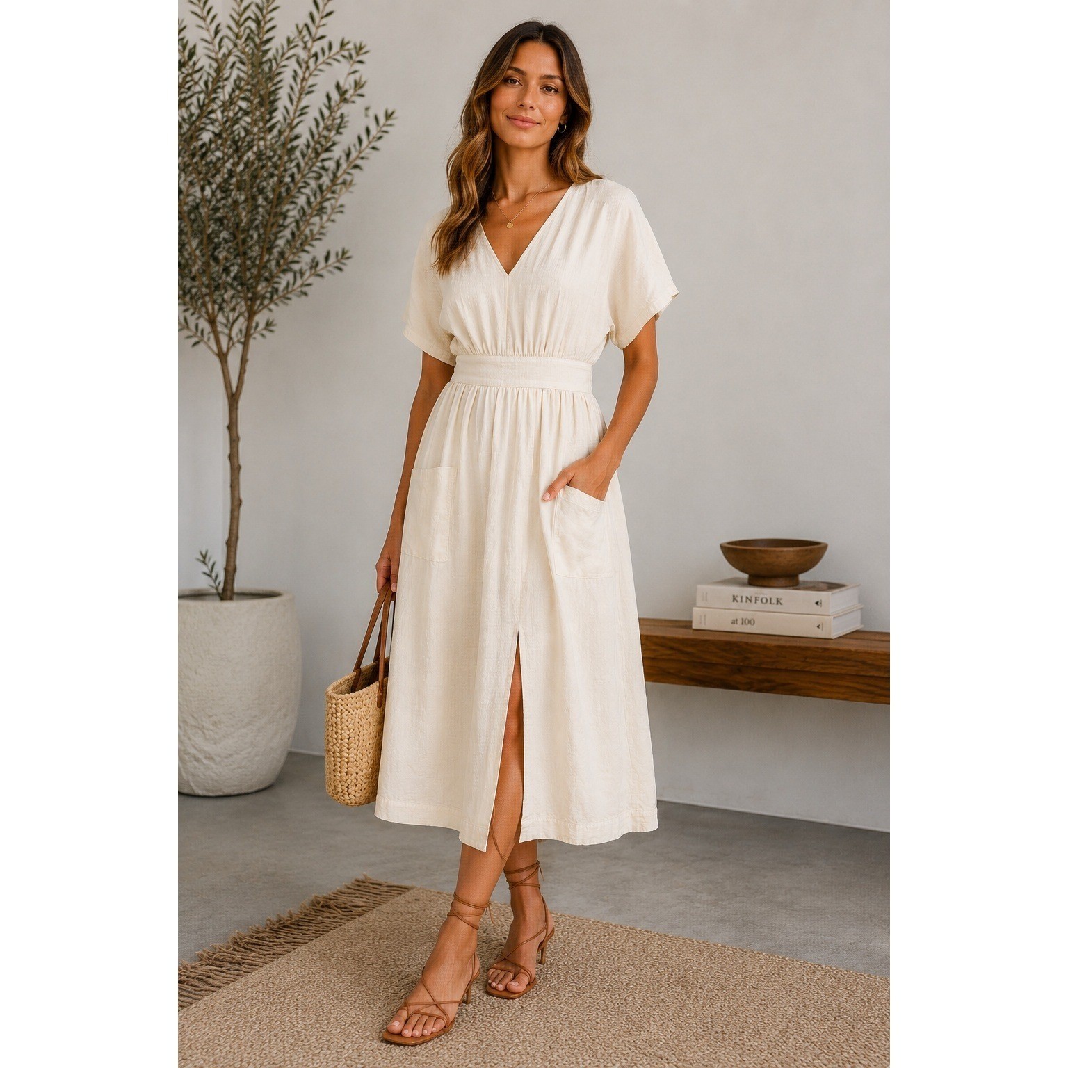 Madewell Linen Blend Dolman Sleeve Midi Dress Ivory Cream Size 4 Pockets