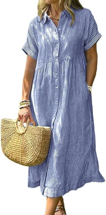 Chouyatou Women’s Blue Striped Midi Long Shirt Dress Loose Short Sleeve Size XL