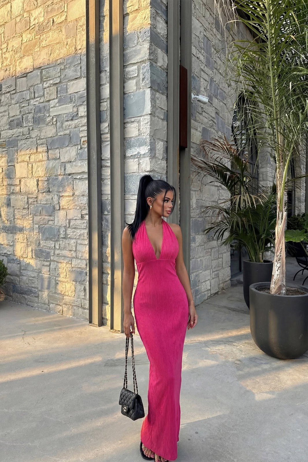Women’s Fuchsia Back Detail Maxi Dress Elegant Evening Party Formal Gown