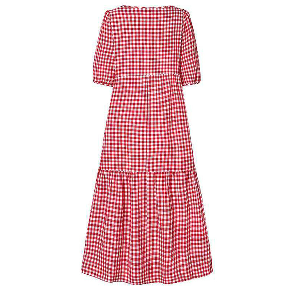Womens Boho Plaid A-Line Midi Dress Ladies Pleated Loose Holiday Beach Sundress
