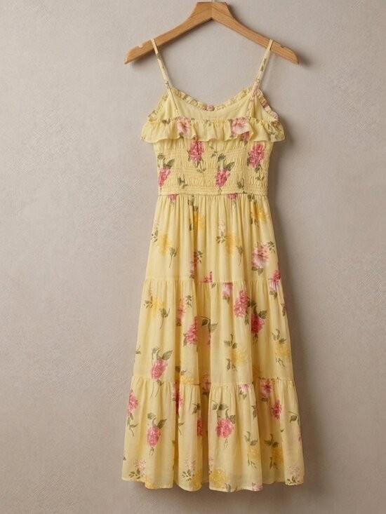 Trixxi NWT Yellow Floral Tiered Midi Dress Smocked Waist Cottagecore Sun Dress S