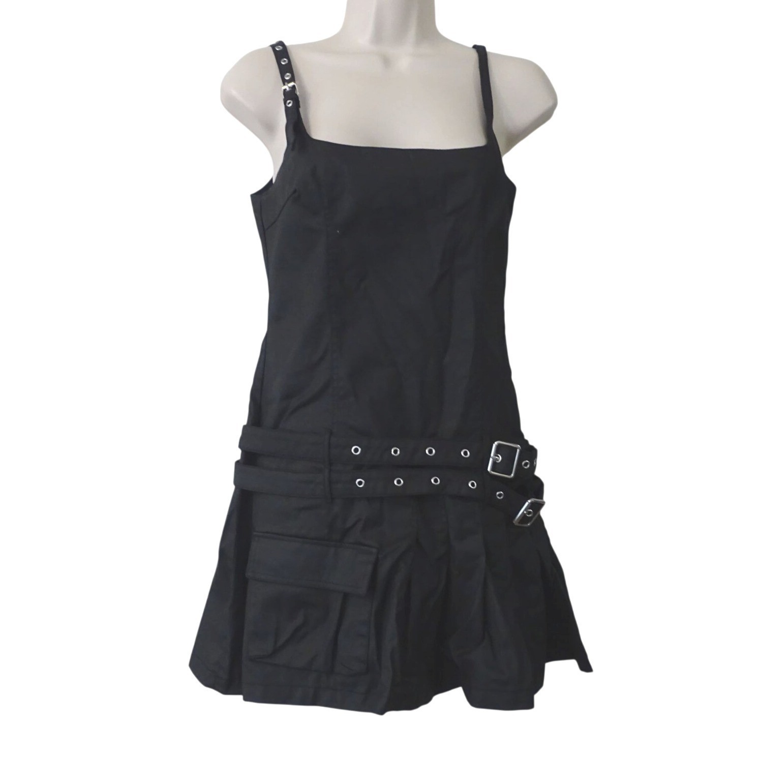 Zara Black Utility Buckle Strap Mini Dress Women Size S Goth Emo Grunge Festival