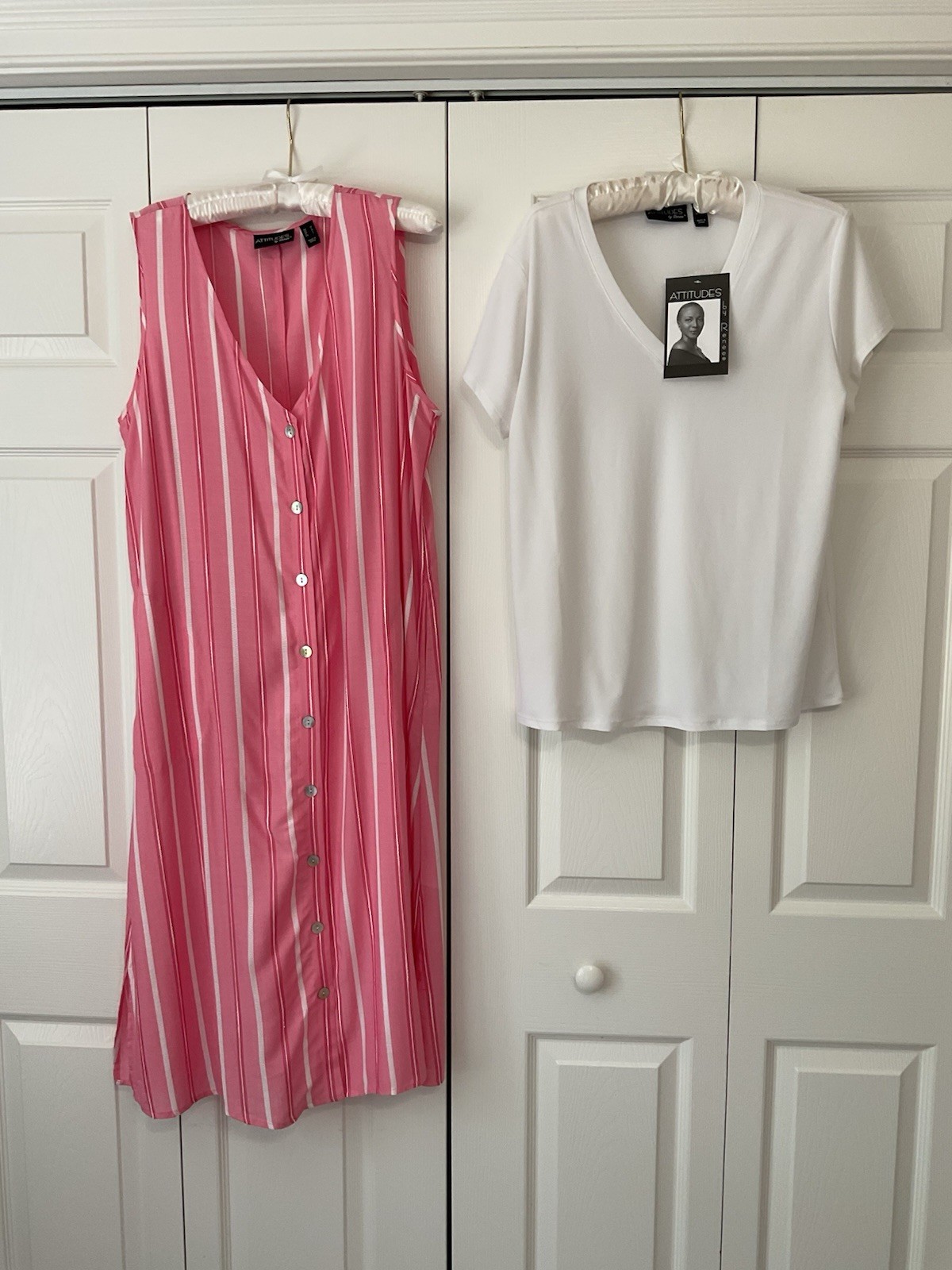 Attitudes by Renée M Pink White Striped V-Neck Button Front Shirt Dress Midi
