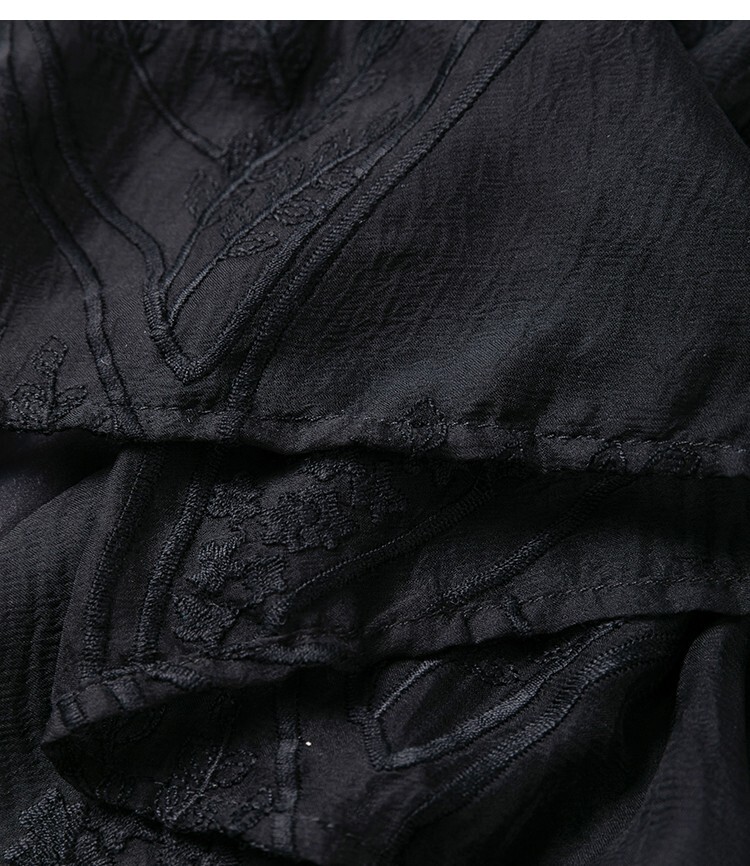 100% REAL Silk Black Embroidery Half Sleeve Belted Waist Women Midi Dress M1387