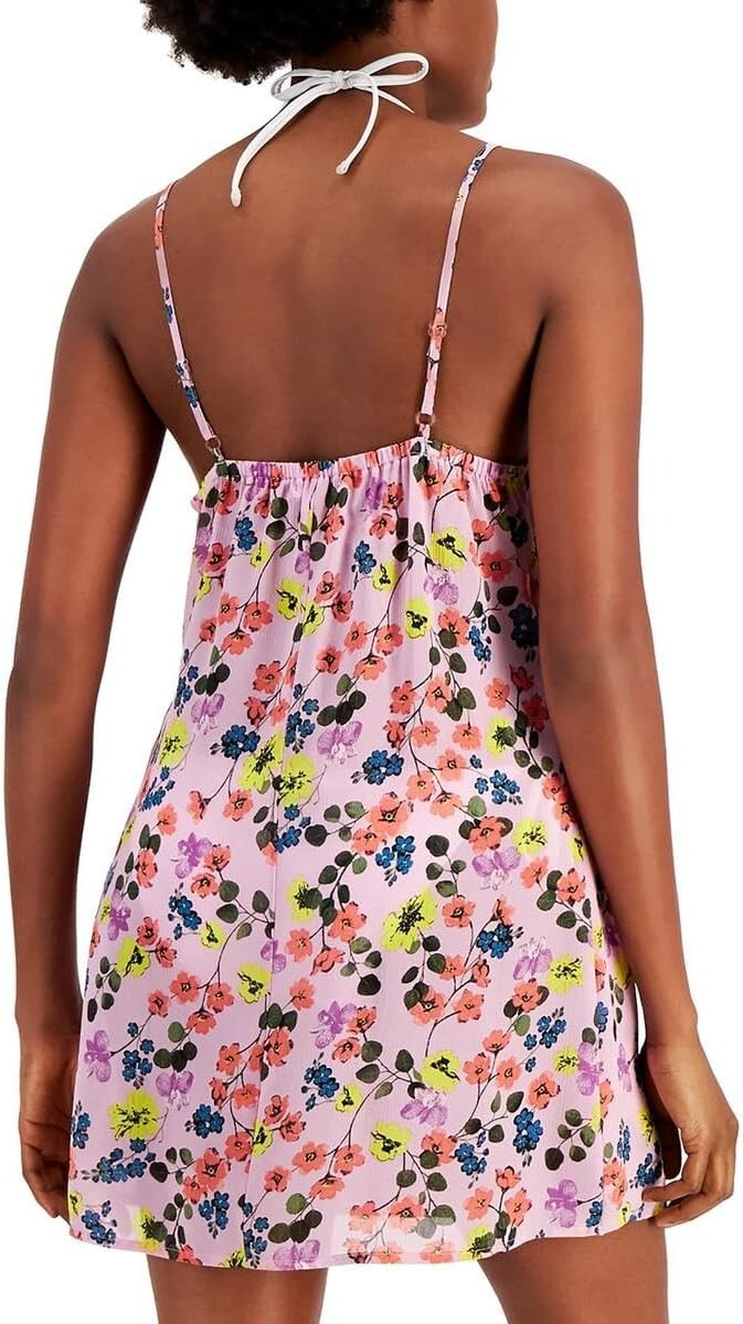 Miken Juniors Pink Floral Print Tie-Front Faux-Wrap Cover-Up Dress
