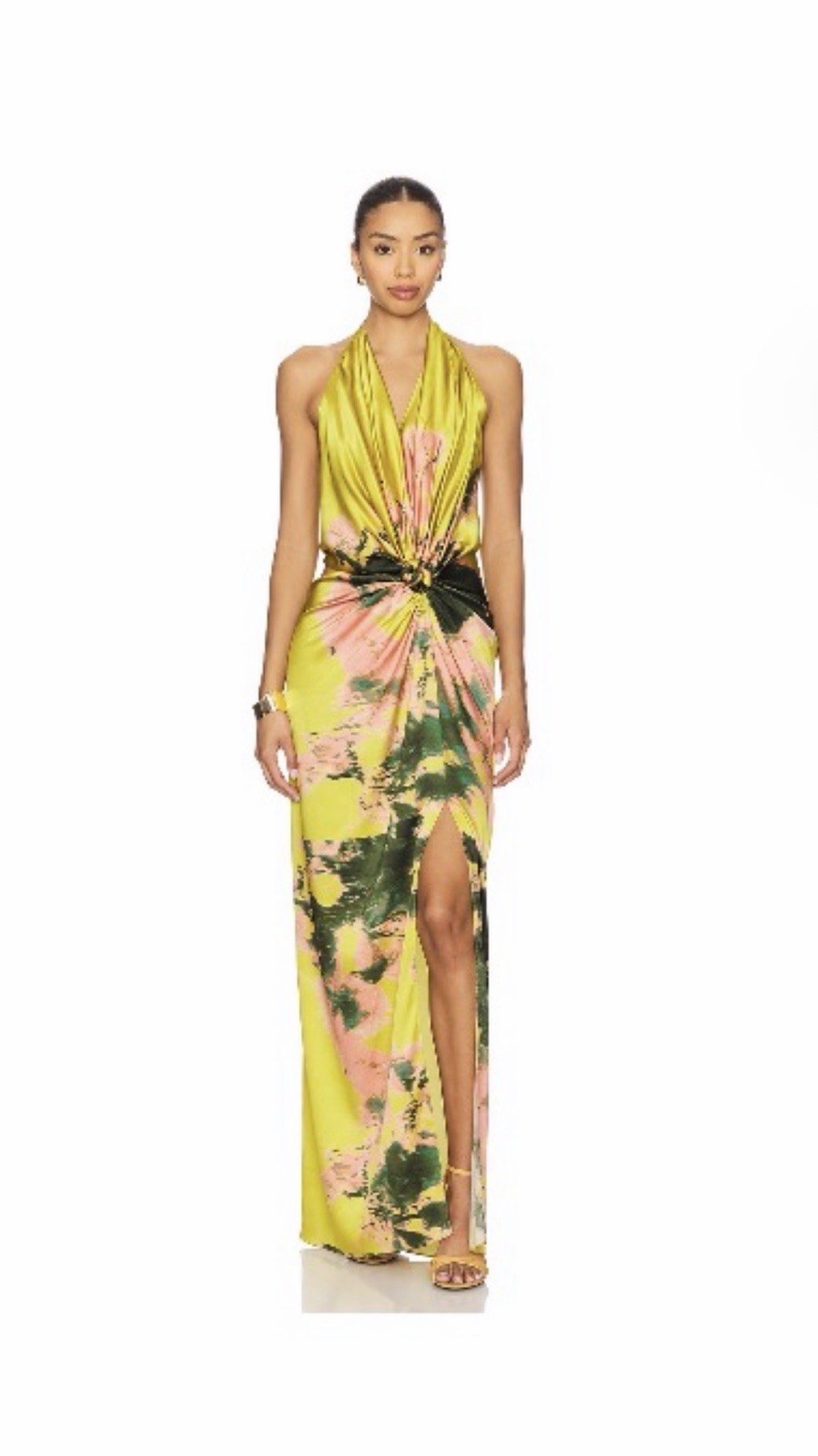 Women’s Yellow Pink Green Tropical Floral Halter Maxi Dress Long High Slit