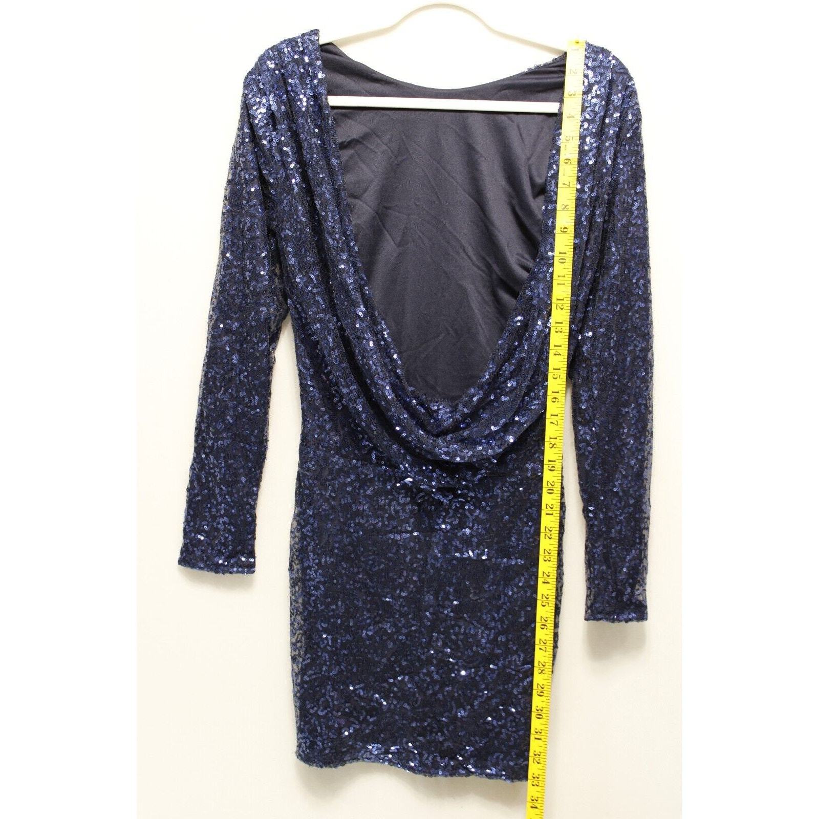 Club L Bodycon All Over Sequin Short Dress Women 8 Open Cowl Back Side Zip Blue