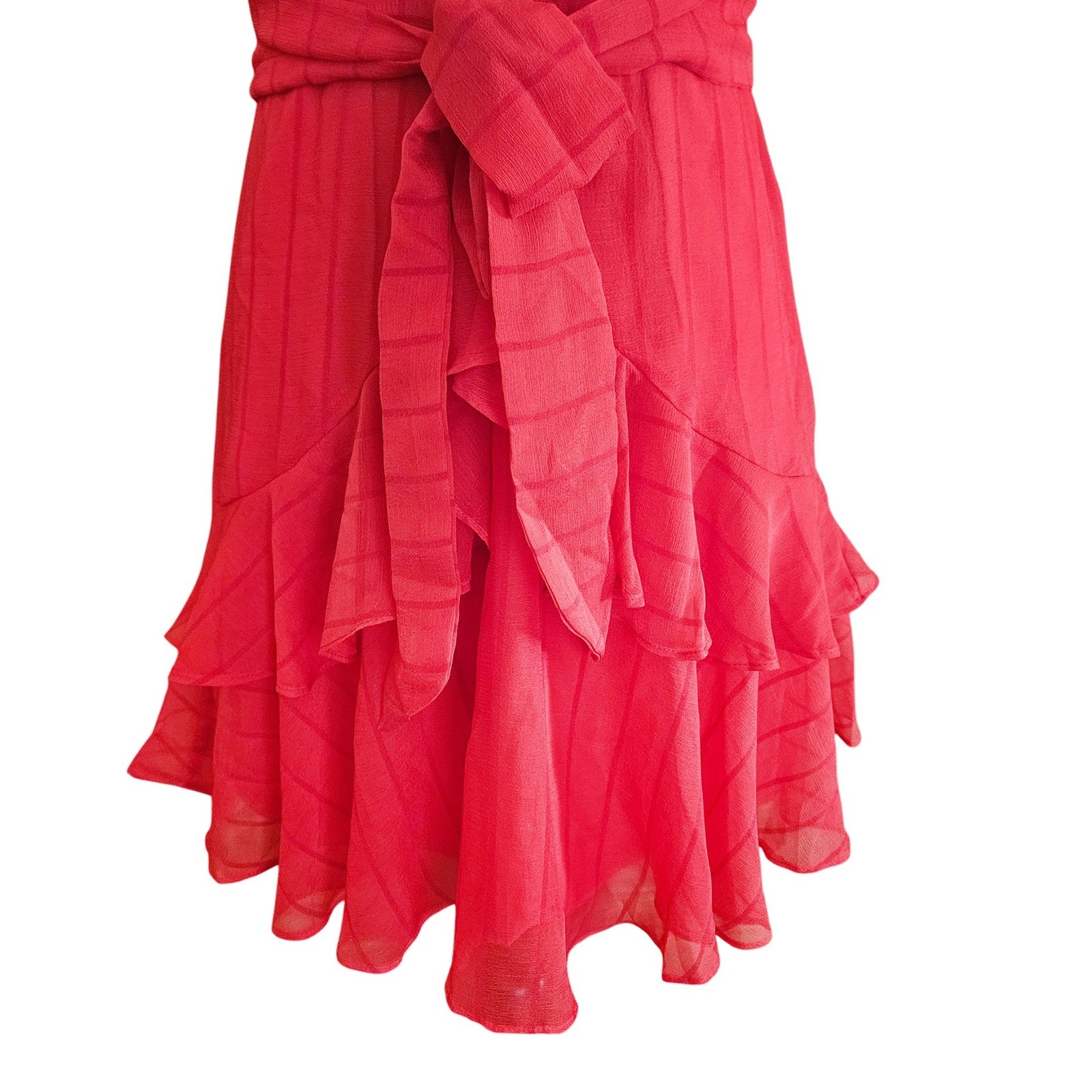 Saints + Secrets Red Ruffle Mini Dress Wrap V-Neck Tie Waist Striped Sleeveless