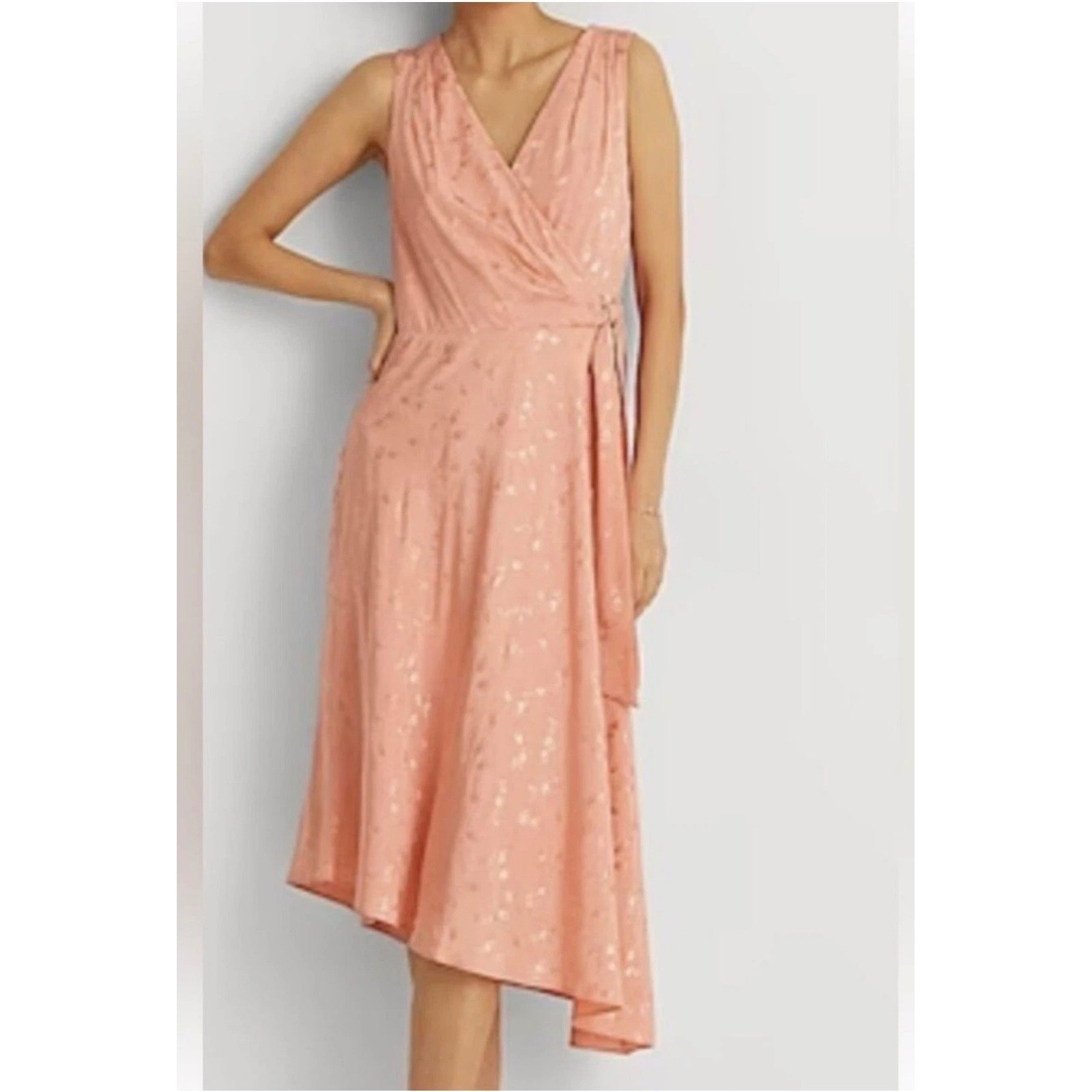 Lauren Ralph Lauren Pink Floral Jacquard Faux Wrap Asymmetrical Midi Dress 14