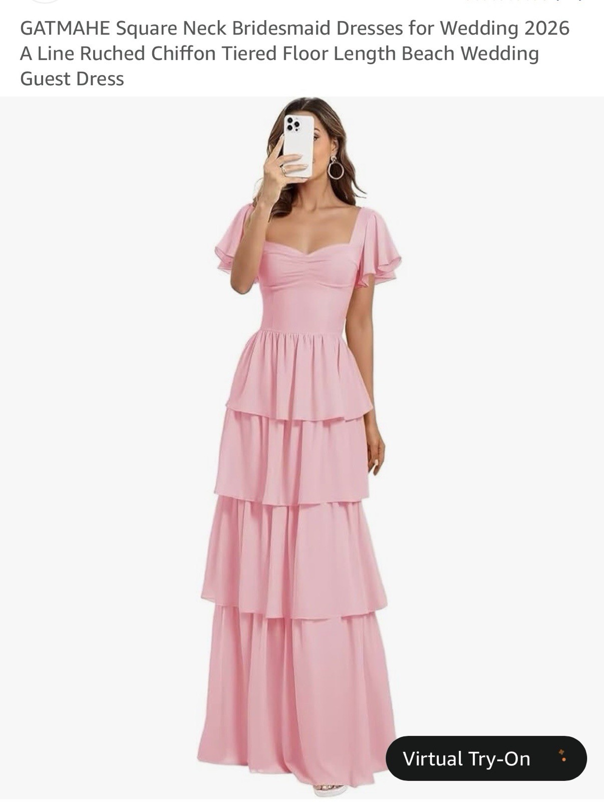 GATMAHE Pink Square Neck Chiffon Maxi Dress Tiered Ruffle Lace Up Ruched