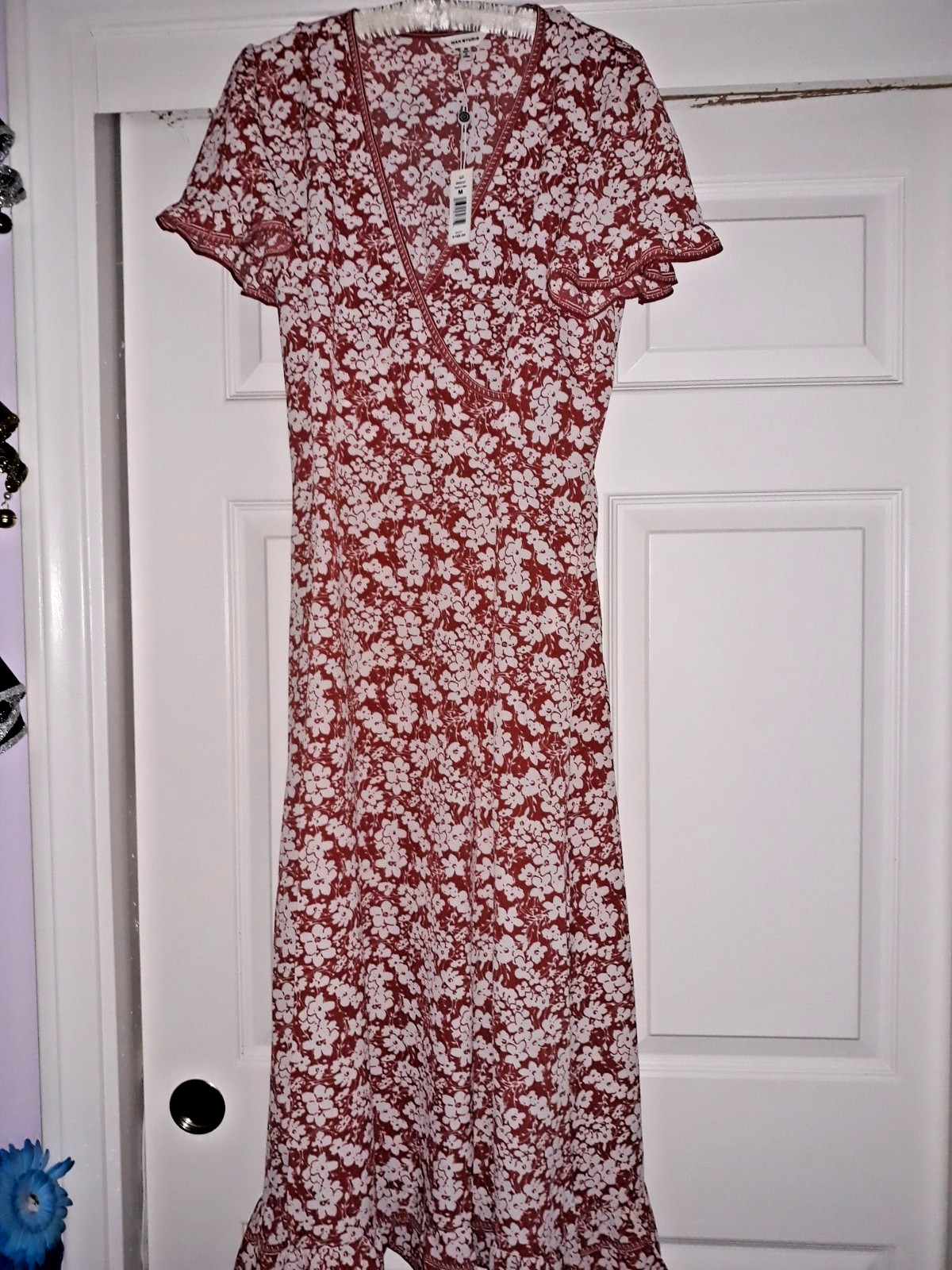 Stunning MAX STUDIO Red Floral Print Maxi Dress with Single Flounce Hemline M