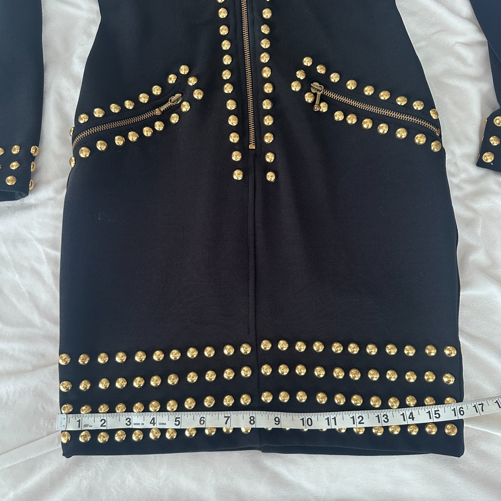 Vintage Lillie Rubin Black Gold Studded Bodycon Zip Dress XS 80s