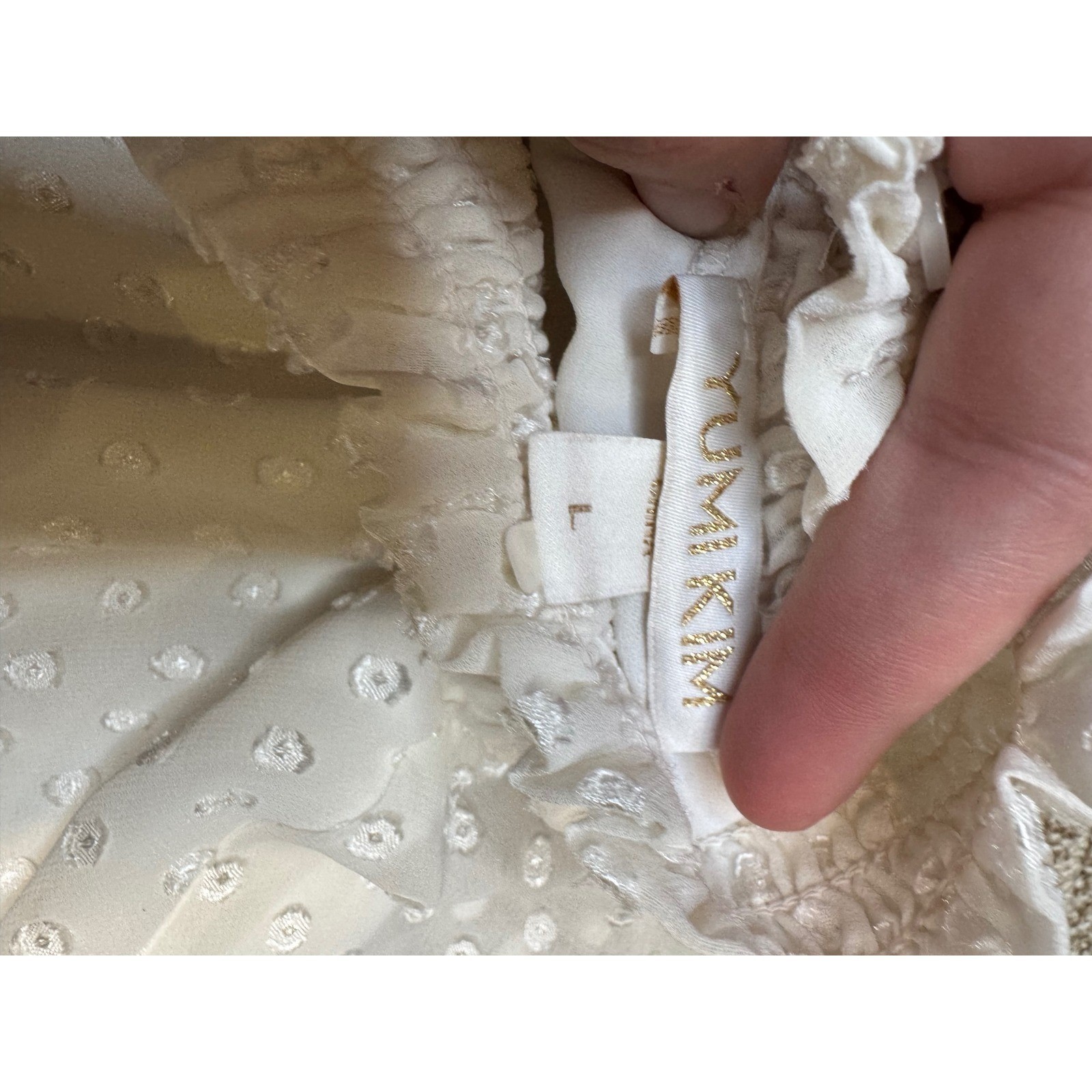 Yumi kim Cream Swiss Dot Mock Neck Tiered Ruffle Dress Size L Long Sleeve