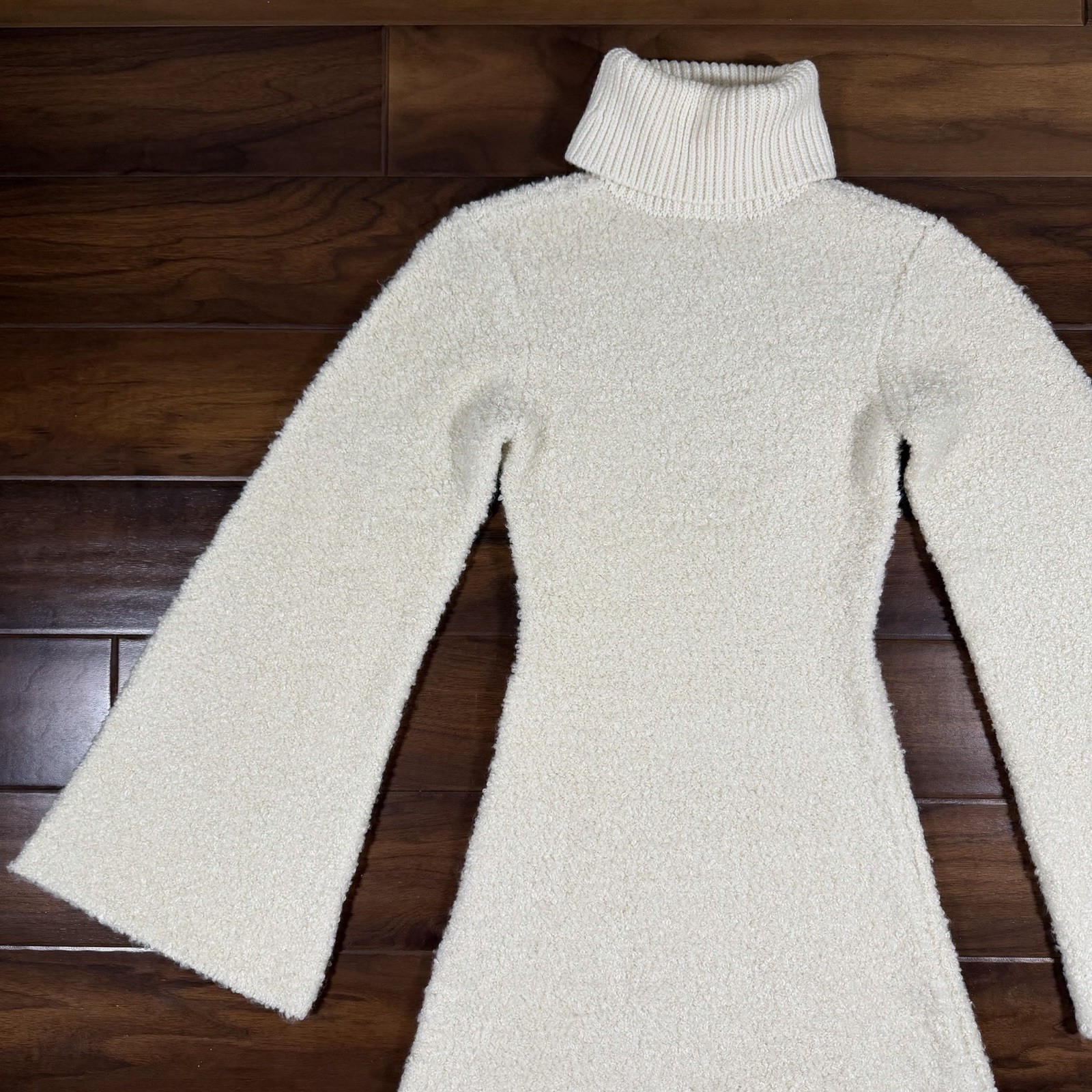GRLFRND Size XS Ivory Maeko Boucle Thick Knit Midi Sweater Dress Bell Sleeve