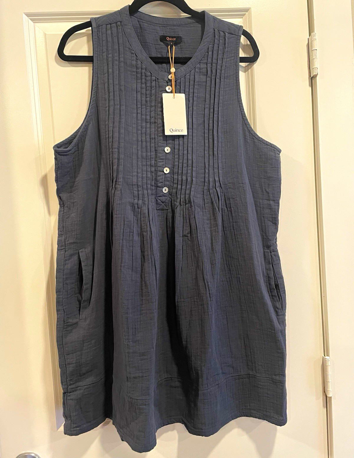 NWT Quince Blue 100% Cotton Swing Trapeze Dress Round Neck Button Pockets L