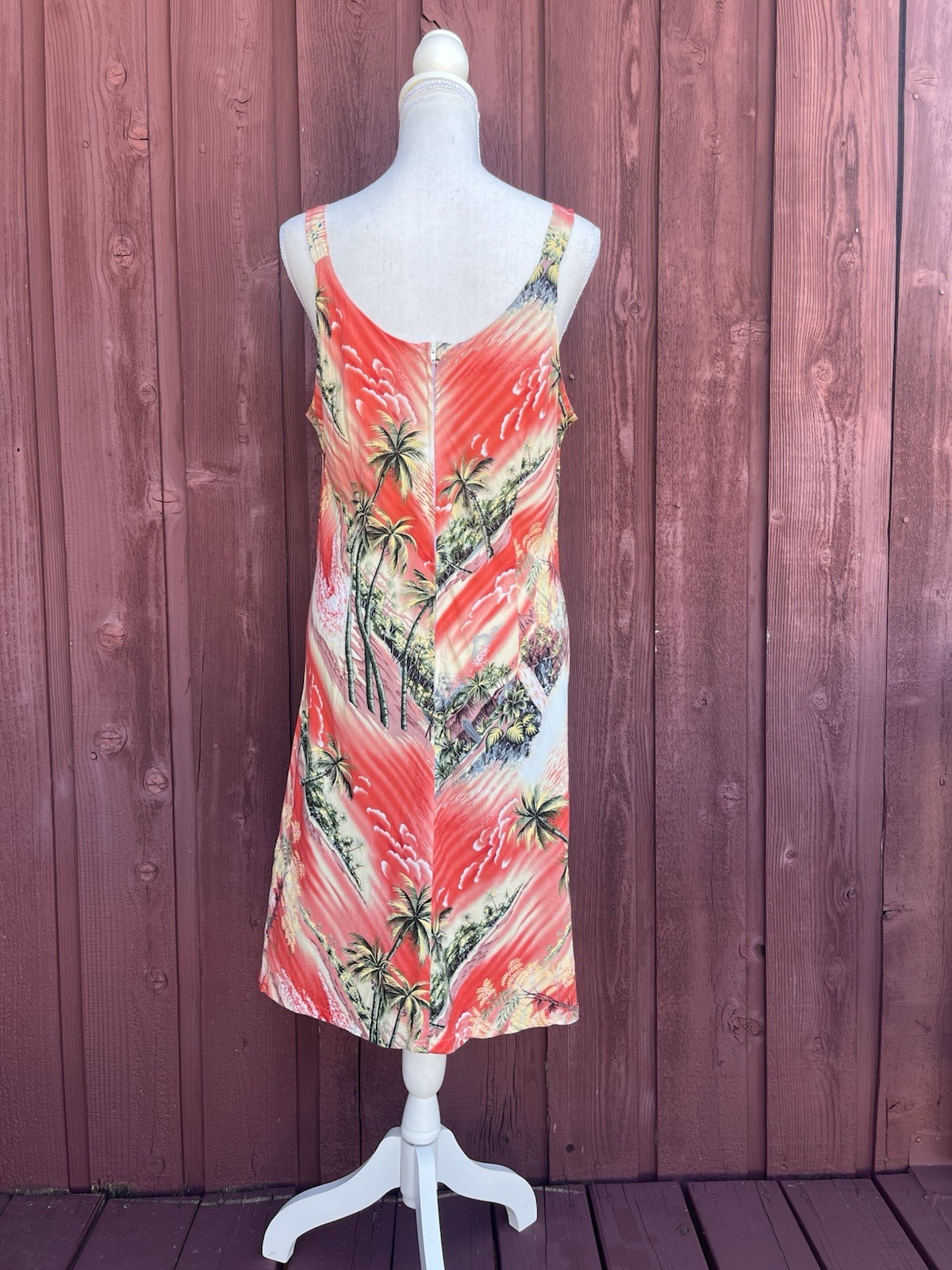 Puanani Coral Tropical Hawaiian Print Rayon Shift Dress Scoop Neck XL