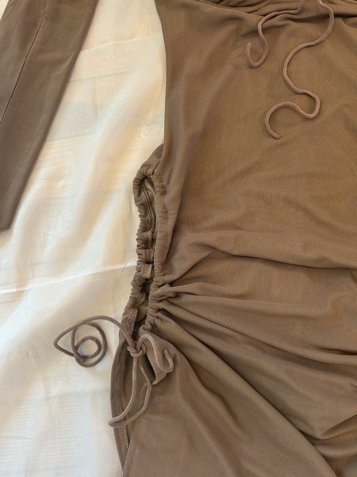 Edikted Brown Ruched Drawstring Mesh Bodycon Mini Dress Square Neck S Women