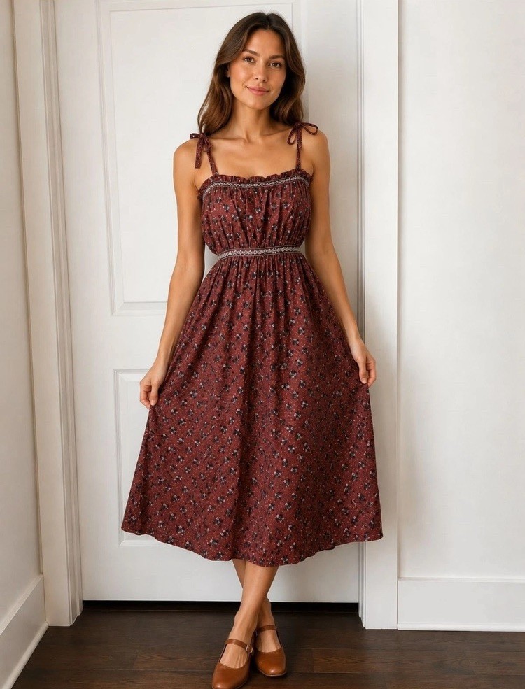 Vintage Prairie Cottagecore Floral Midi Dress Tie Strap Sundress Size S/M