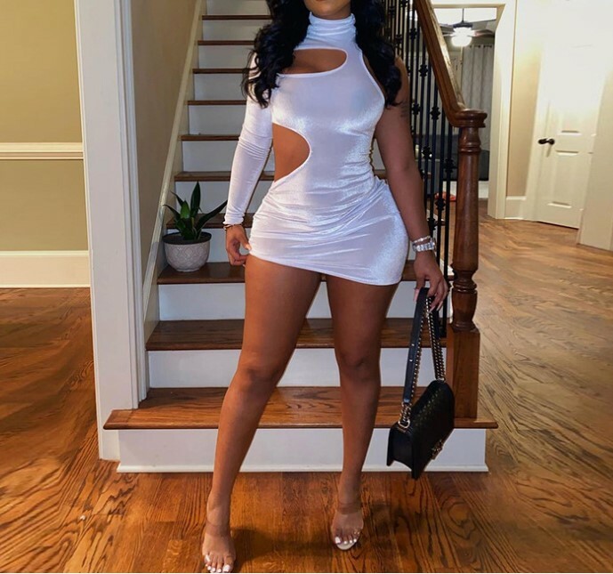 Women Sexy Hollow Out Velvet One Shoulder Solid Slim Clubwear Bodycon Mini Dress