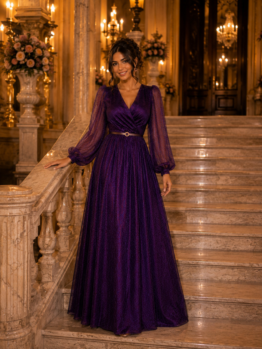 Purple Formal Evening Dress Long Sleeve Maxi Gown Wedding Guest Prom Party Dress