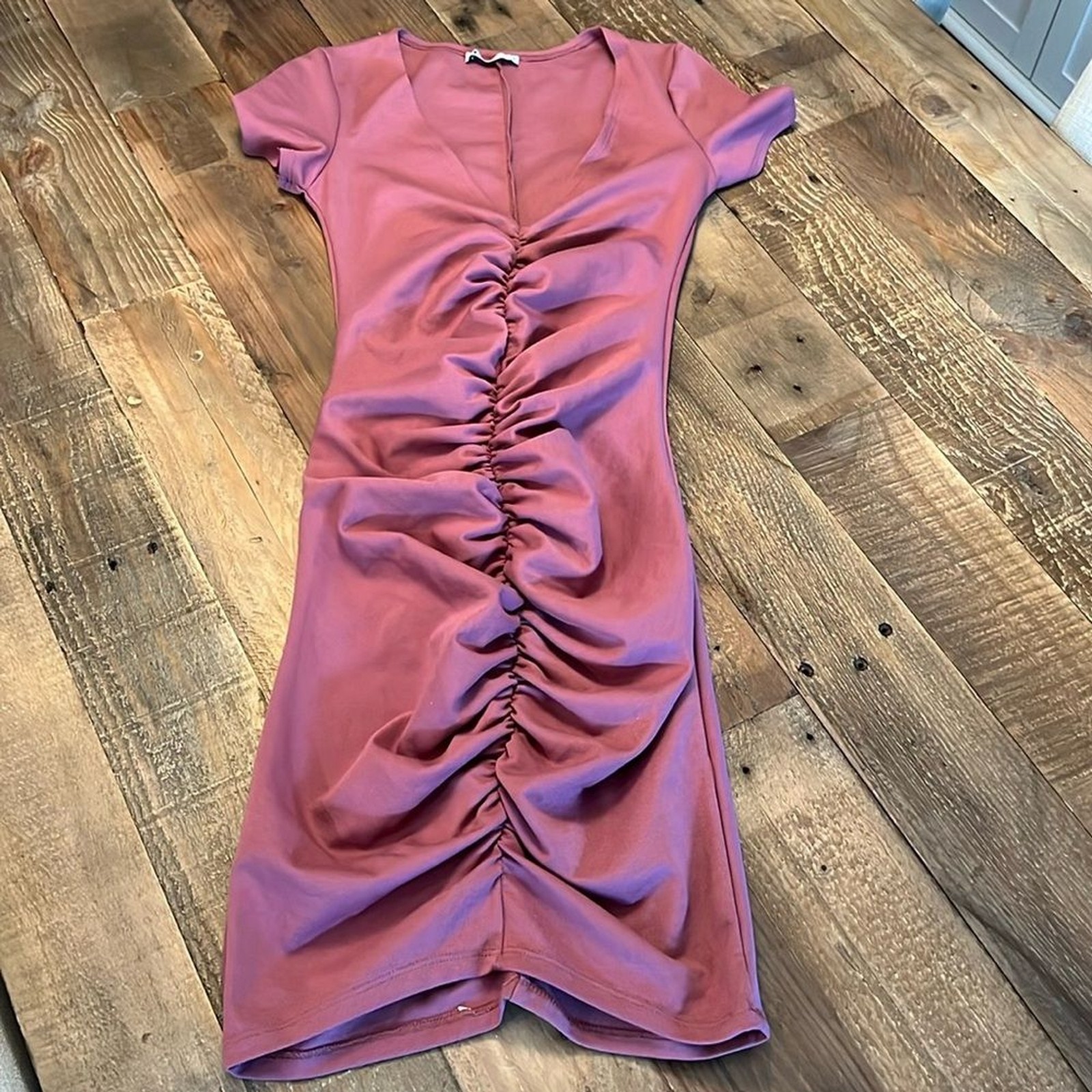 ZARA Dusty Rose PINK Ruched Fitted Bodycon V-Neck DRESS Small
