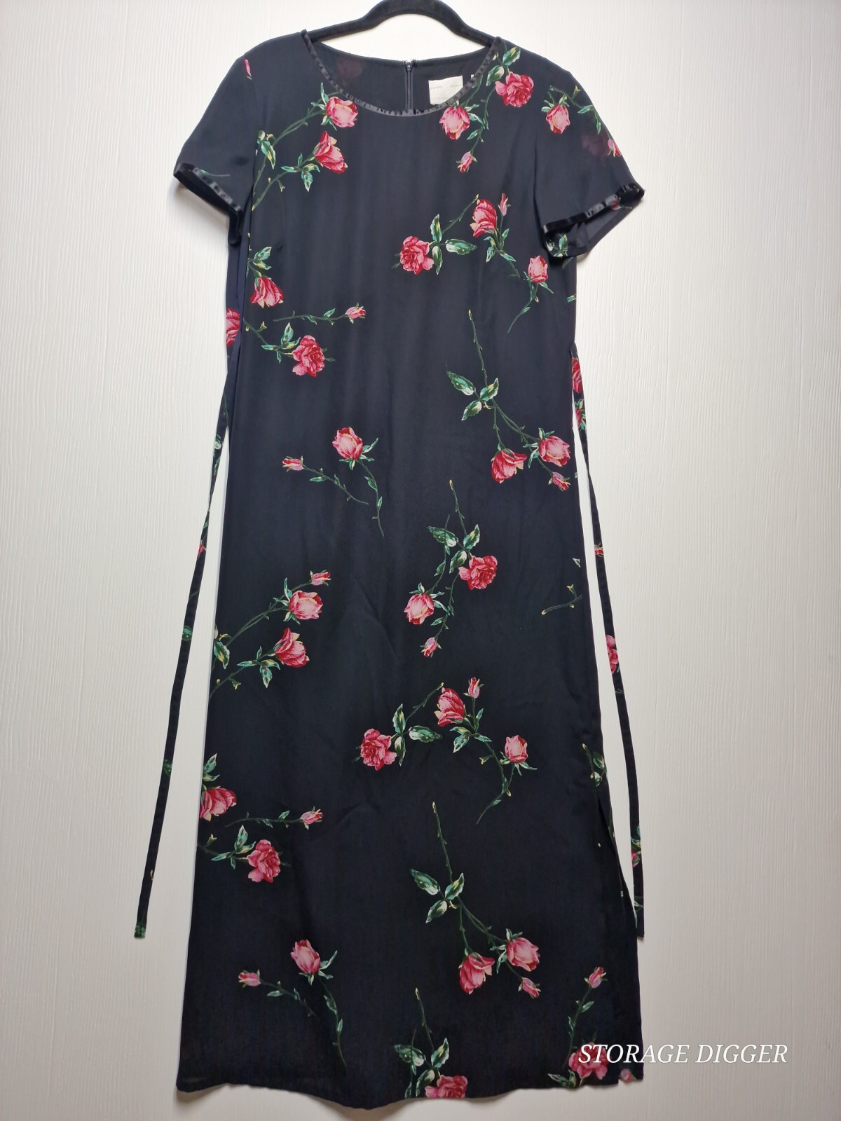 Emma James Maxi Dress Women’s 12 Black Floral 100% Polyester Lined Short Sleeve