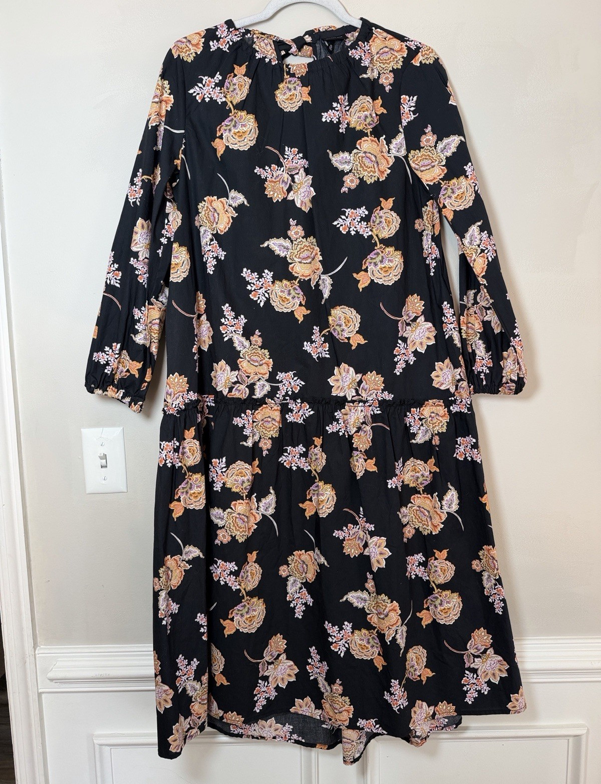 WHO WHAT WEAR NWT Black Multicolor Floral Woven Tie Neck Dress, Long Sleeve, XS