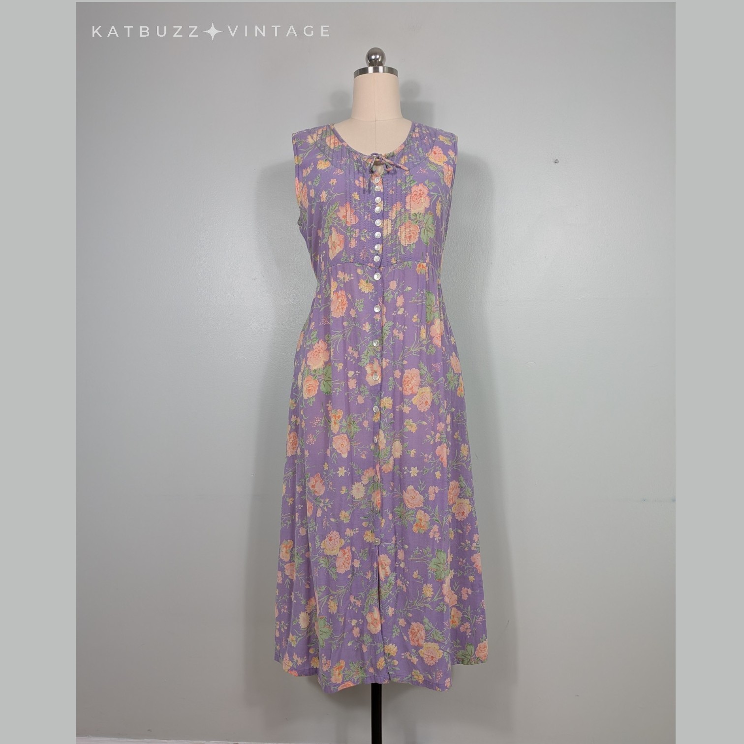 Vintage April Cornell Maxi Dress L Purple Floral 90S Cottage Sleevless Feminine