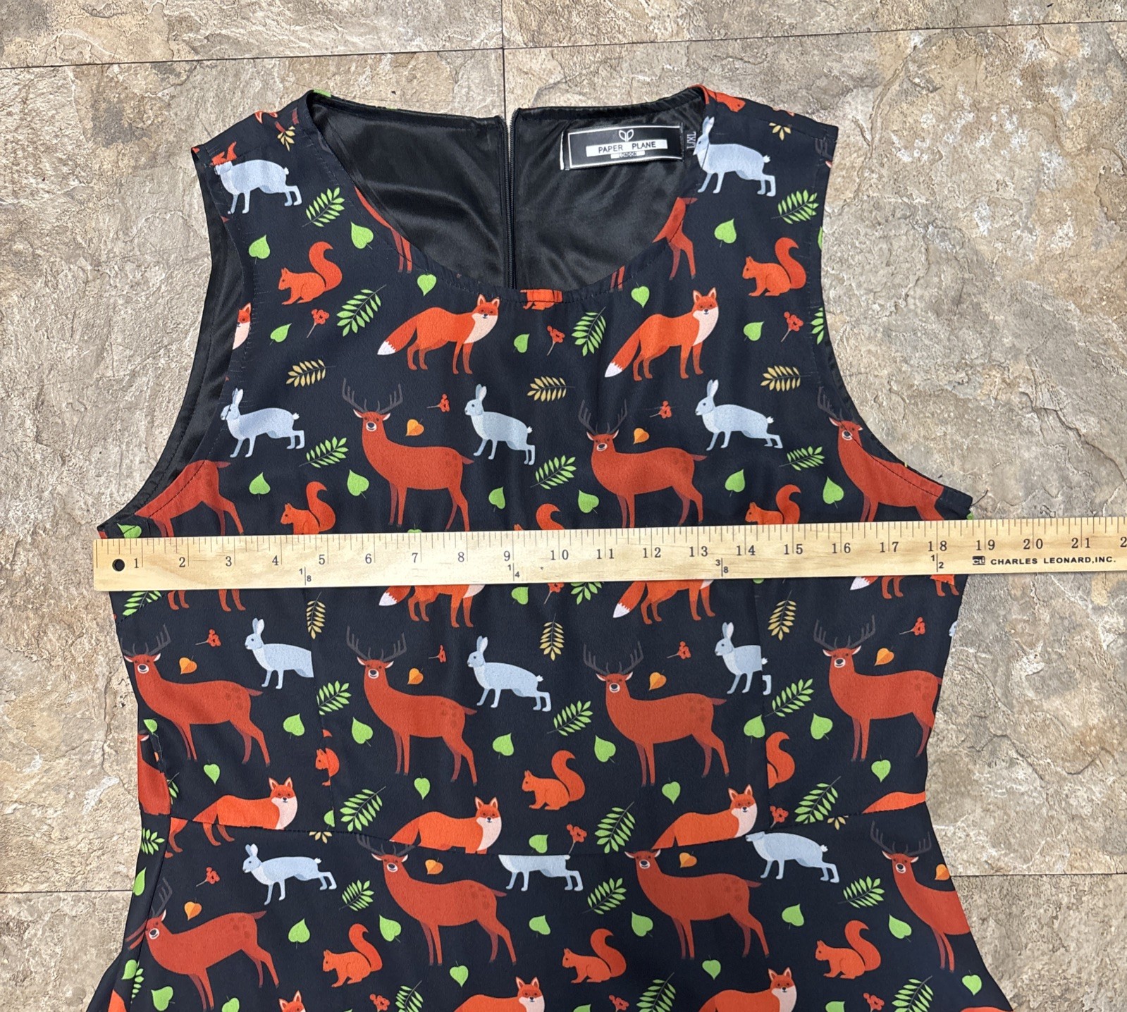 Paper Plane London Whimsical Animal Print Dress L Black / Foxes/Rabbits/Leaves
