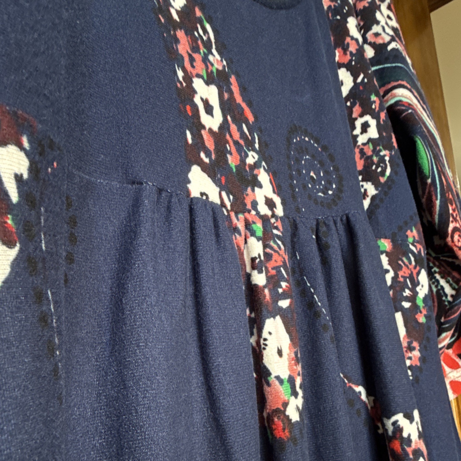 Reborn XL Navy Paisley Knit Fit & Flare Dress Pleated Scoop Neck 3/4 Sleeve knee