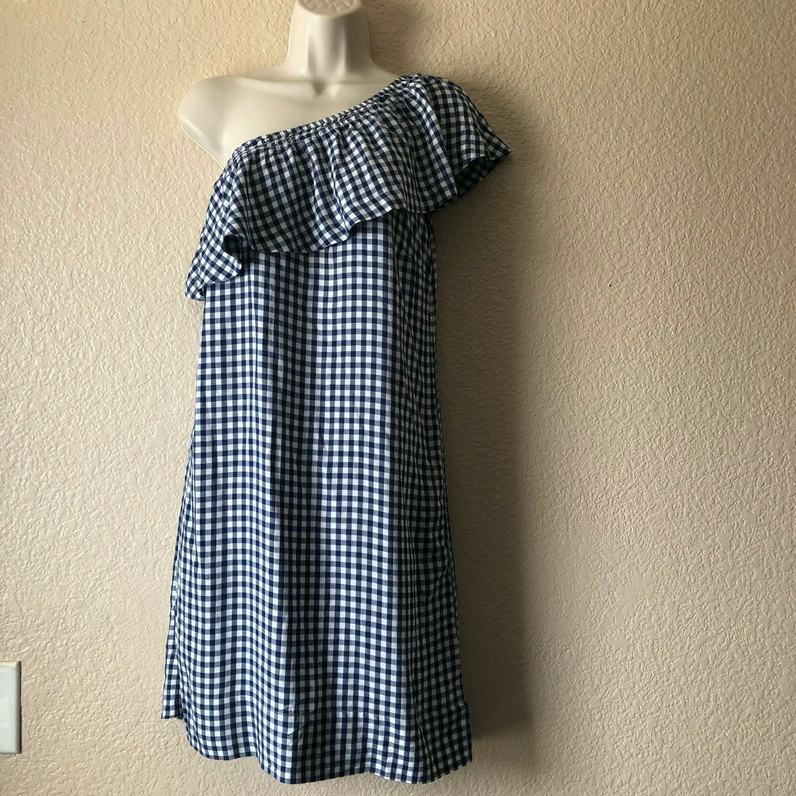 Velvet By Graham & Spencer Checkered One Shoulder Ruffle Dress XS Blue New $200