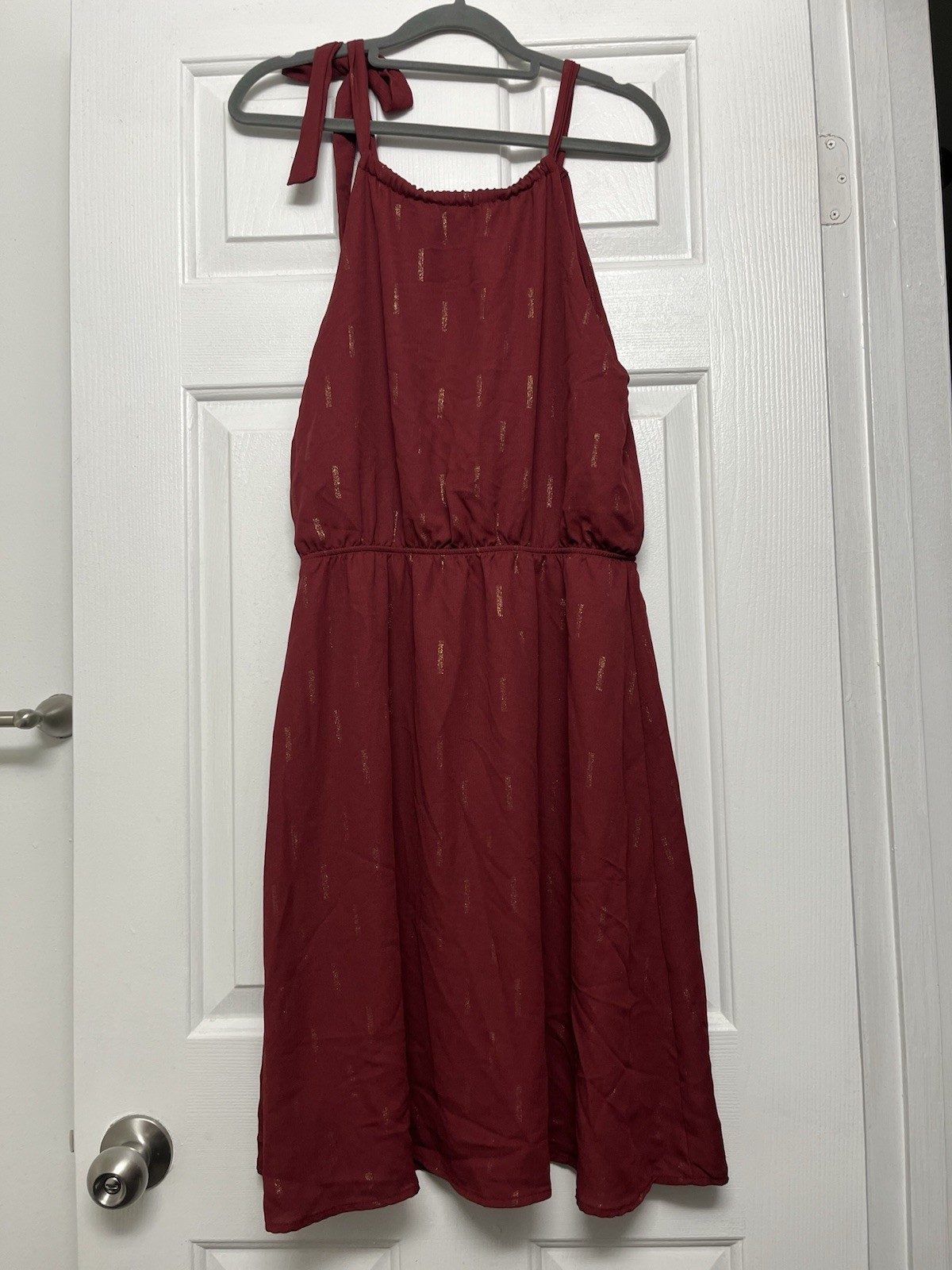 Burgundy Gold Metallic A-Line Sundress Round Neck Tie Strap Pullover M