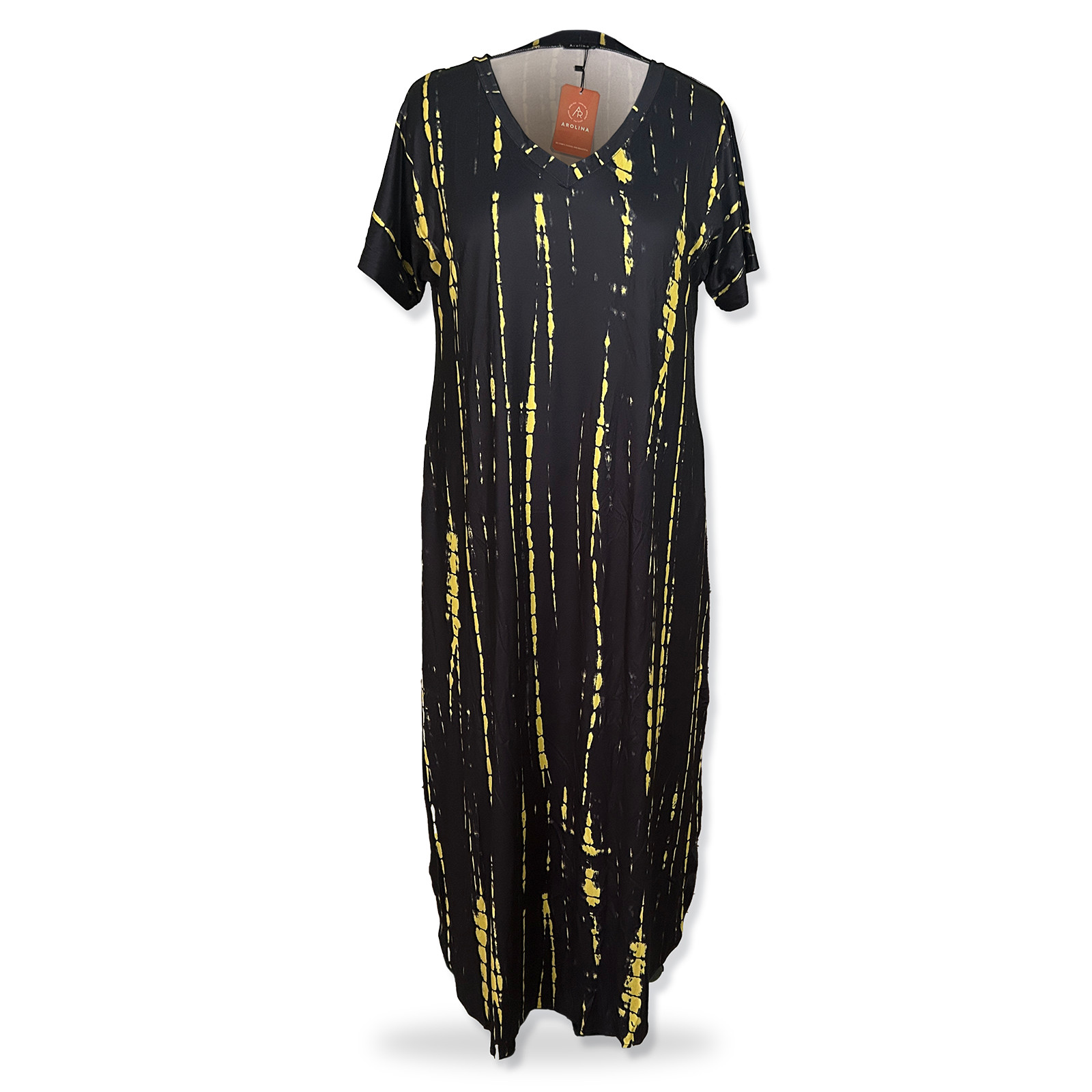 AROLINA Women’s Tie Dye Maxi Dress XXL Black-Yellow V-Neck Short Sleeve Stretch
