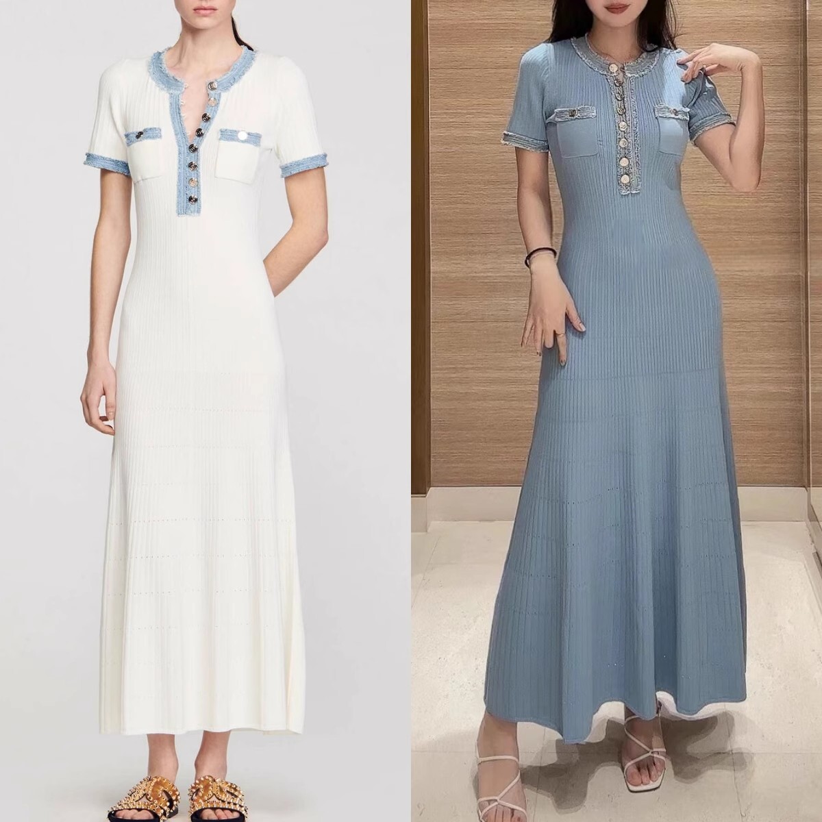 NEW Sandro Denim patchwork knit Short sleeve long dress Women’s