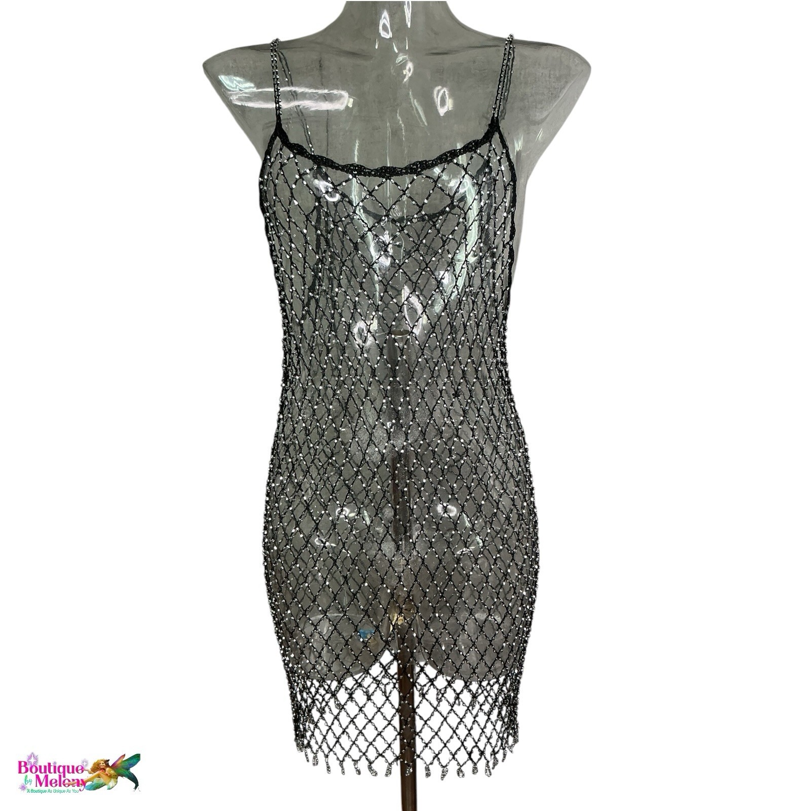 Fully Beaded Lightweight Fishnet Tank Dress Unknown Brand Mini Dress Strappy