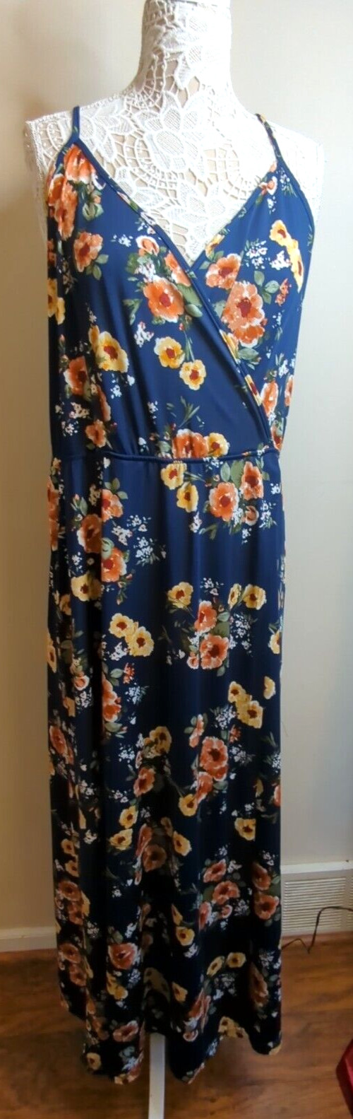 Navy Floral V-Neck Sleeveless Faux Wrap Maxi Dress Womens Sz 2XL Nine. Eight NY