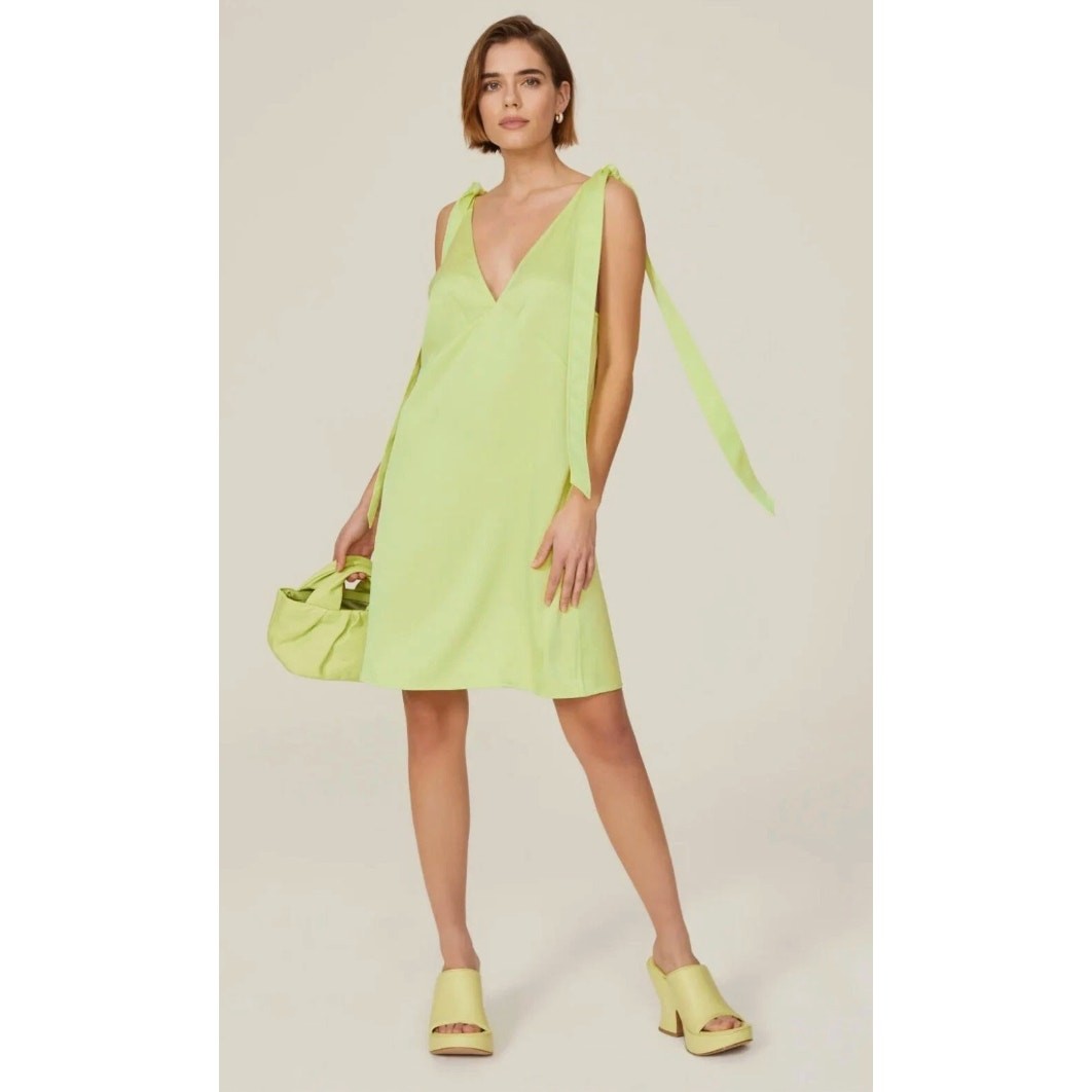 Stine Goya Rosario Tie Strap Satin Dress Yuzu Green Womens Size Large