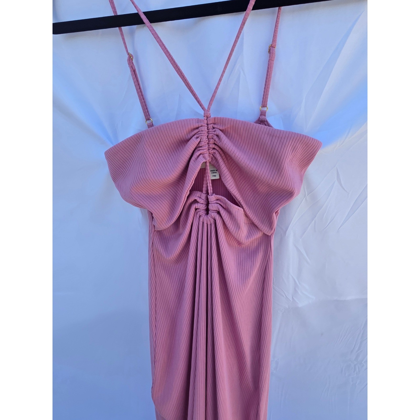 L*Space Women Pink Ribbed Ruched Keyhole Midi Dress Medium Lyocell Blend Strappy