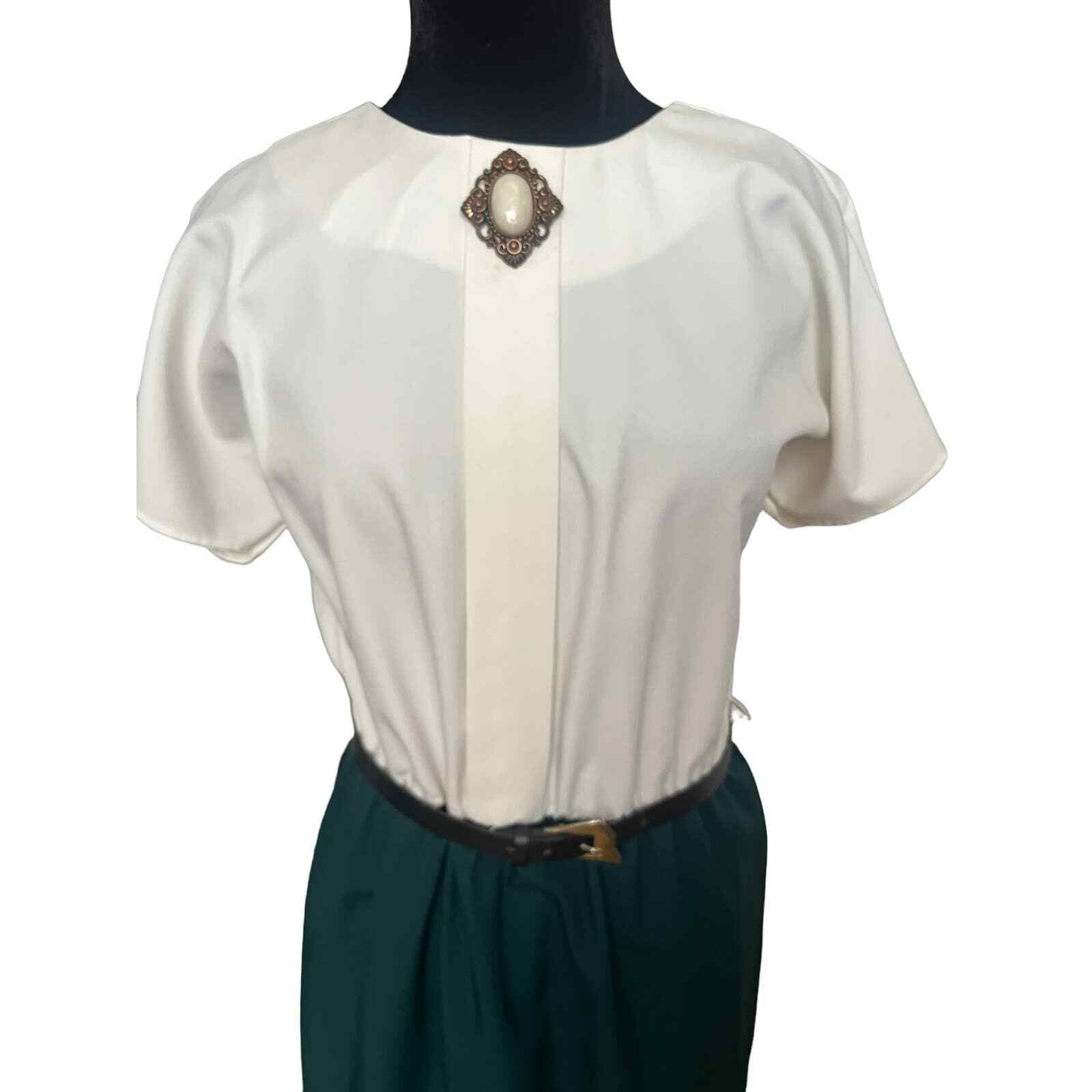 Vintage 70s White Green Secretary Nerd Dress Retro Cottage Large X Large Fall