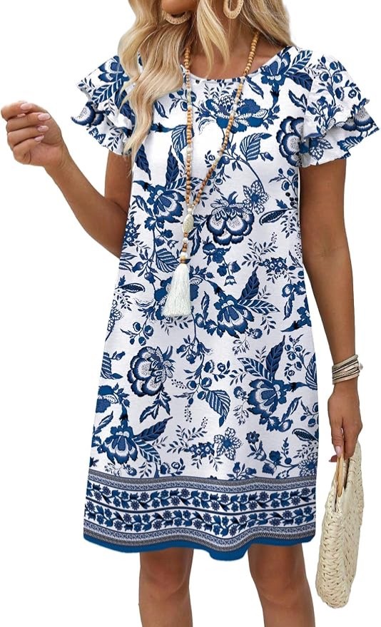 OFEEFAN Womens Summer Dresses 2026 Ruffle Sleeve Round Neck Loose Swing Sundress