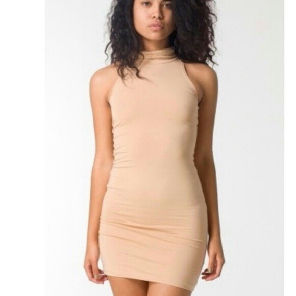 American Apparel Turtleneck Tank Mini Dress Nude Tan Bodycon Indie Sleaze Small