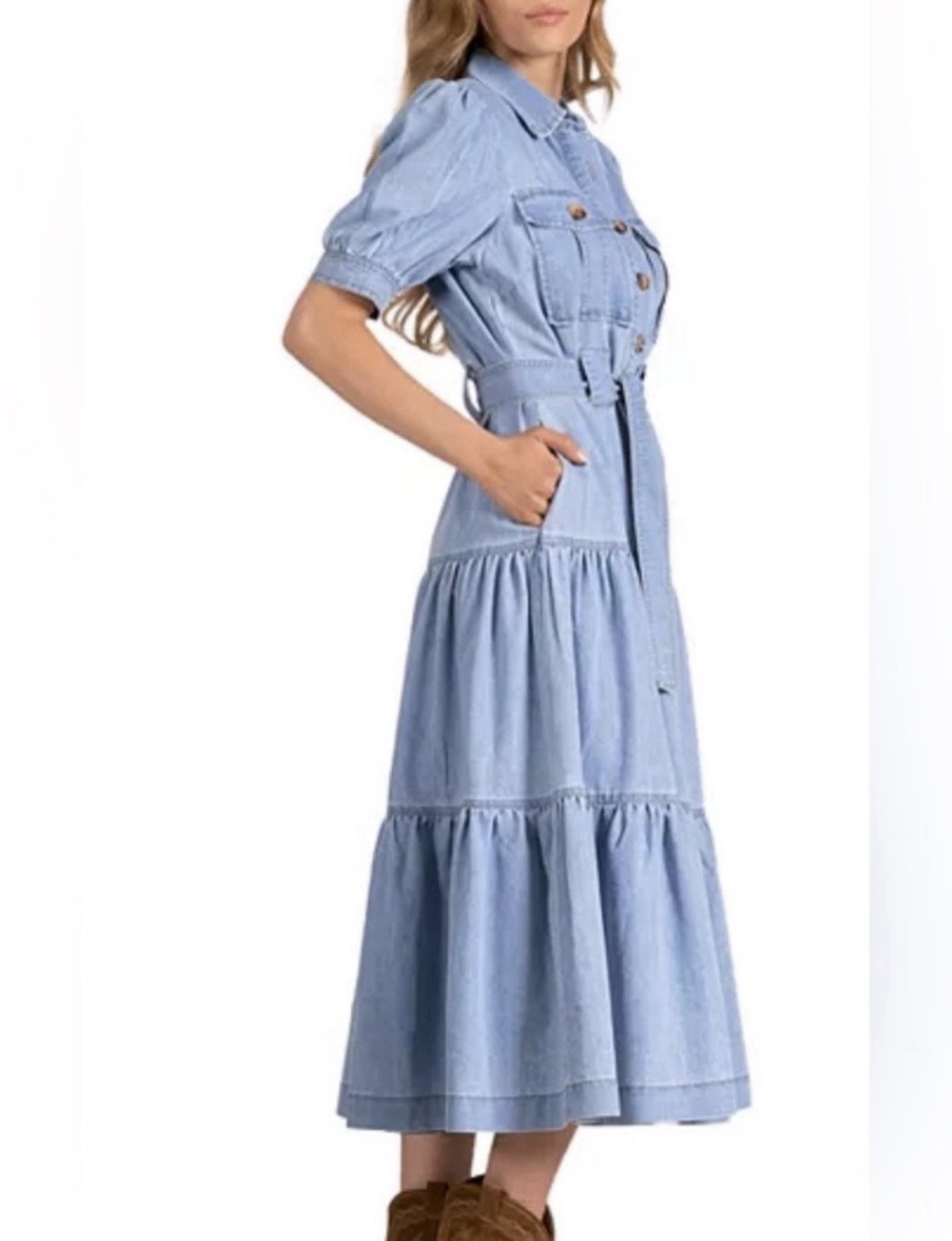 Elan Sunflower Patch Denim Shirt Dress Belted Tiered Collared Puff Sleeve Blue M