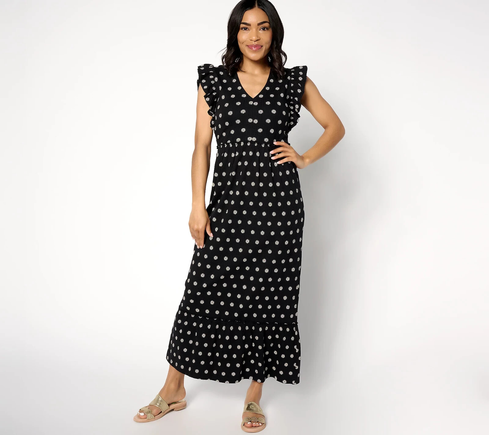 AnyBody Regular Daydreamer Knit Maxi Dress-Black Daisy-Medium-NEW-A637262