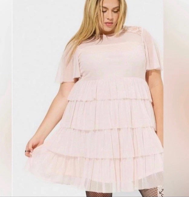 Torrid Pink Solid Round Neck Lace Yoke Flutter Sleeve Fit & Flare Knee