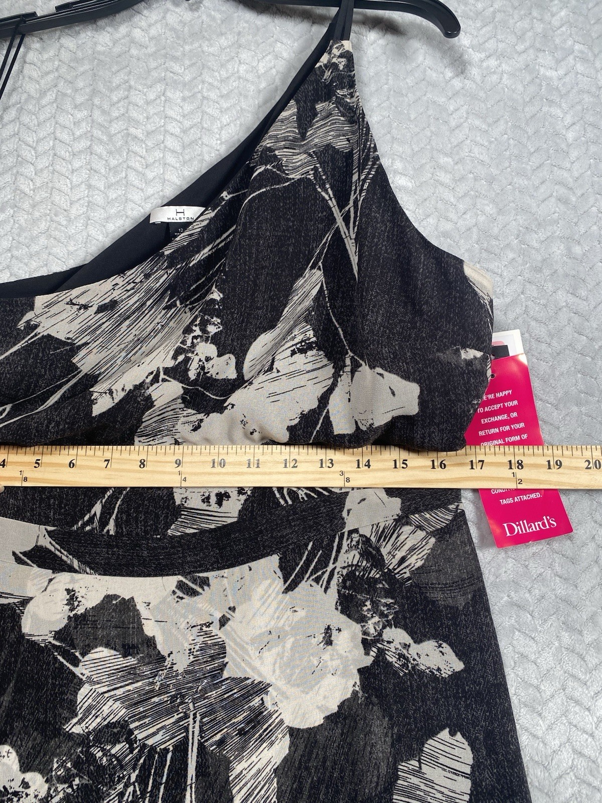 NWT H by Halston One Shoulder High Low Dress 12 Black White Floral Cocktail Gown