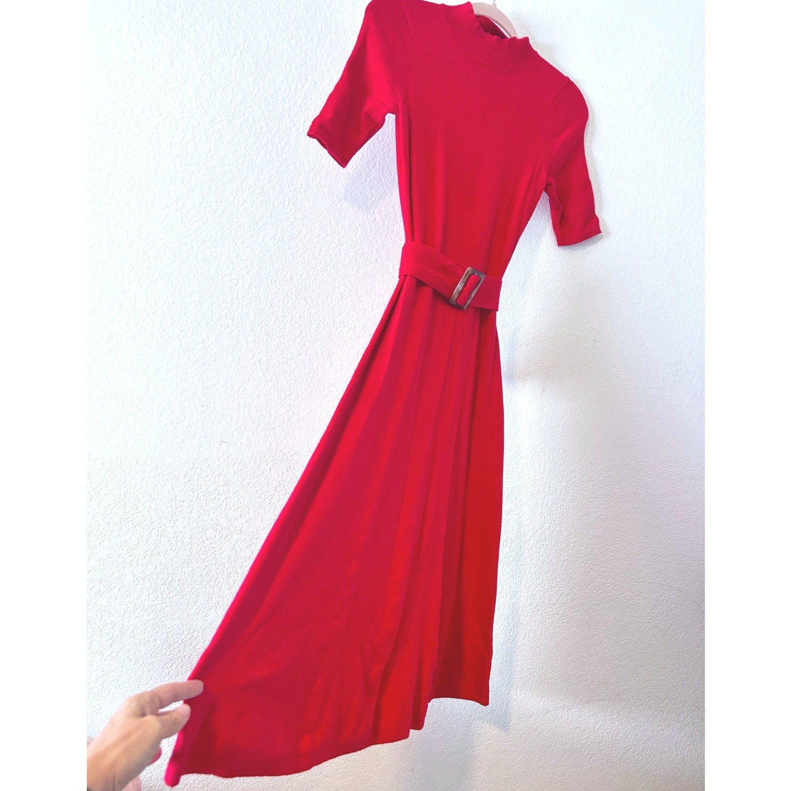 Ann Taylor Red Mock Neck Short Sleeve Knit Midi Dress With Belt Size XS