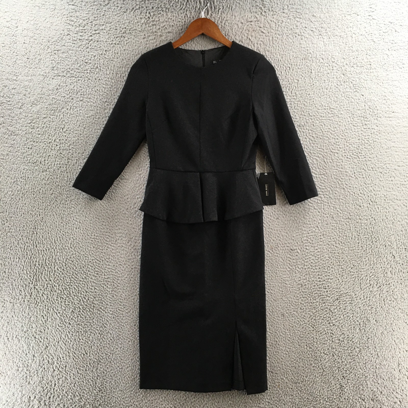 Zara Basic Peplum Dress Womens S Black Polyester Long Sleeve Casual Back Zip NEW