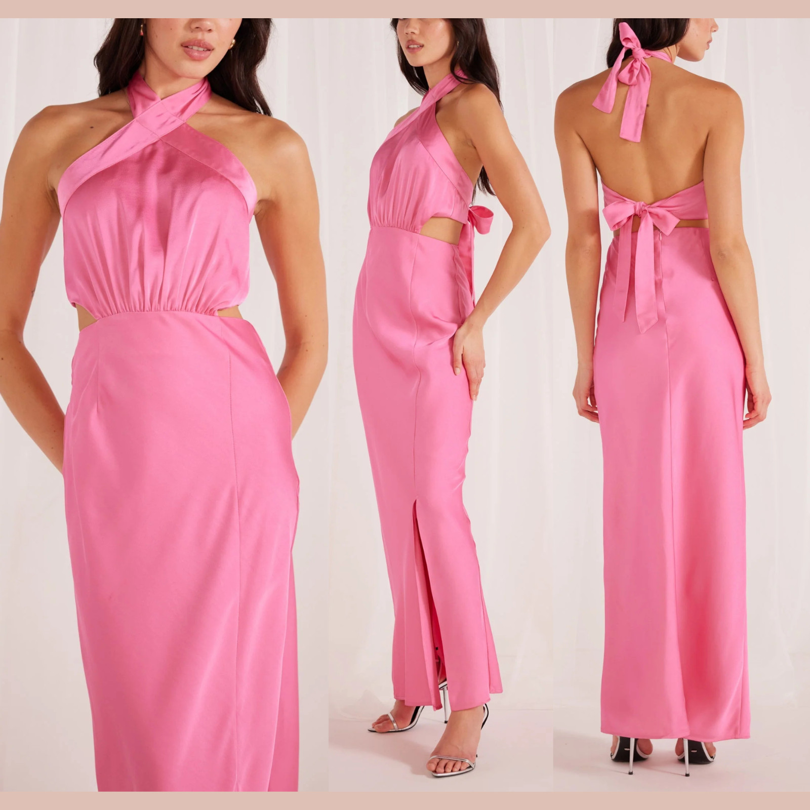 NWT MINKPINK [ Small ] Finlay Satin Halter Gown With Split Open Back Pink U1467