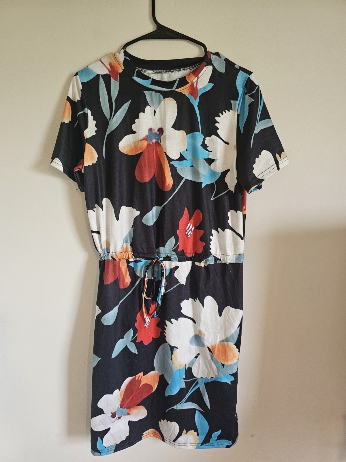 Black Floral T-Shirt Dress Short Sleeve Round Neck Drawstring Waist Pockets S